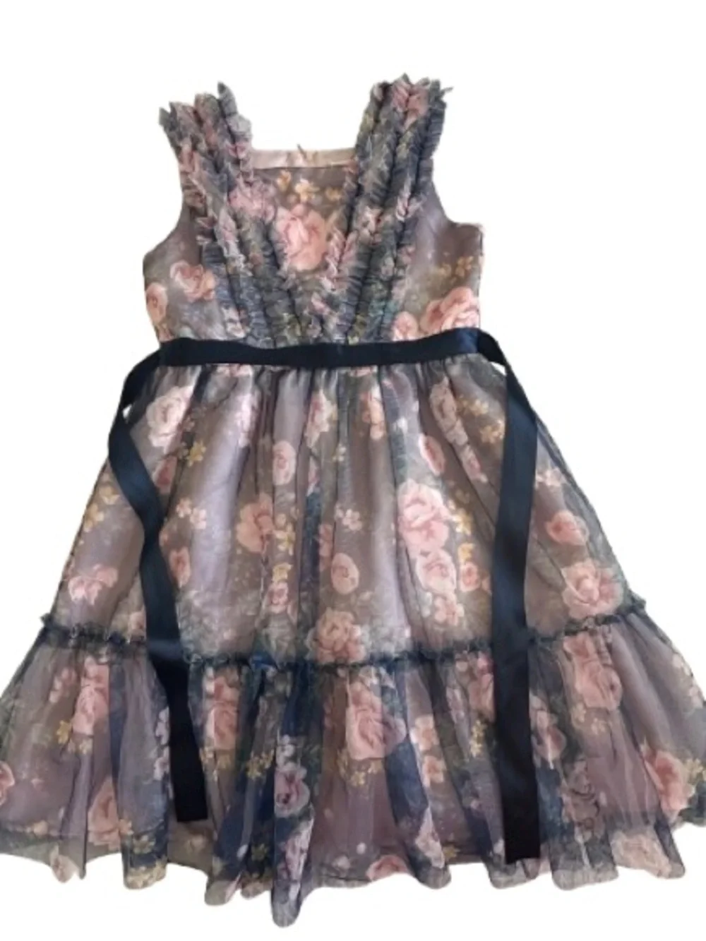 Kensie Girl Size 12 Pink Floral on Navy Tiered Ruffle Formal Dress Fully Lined